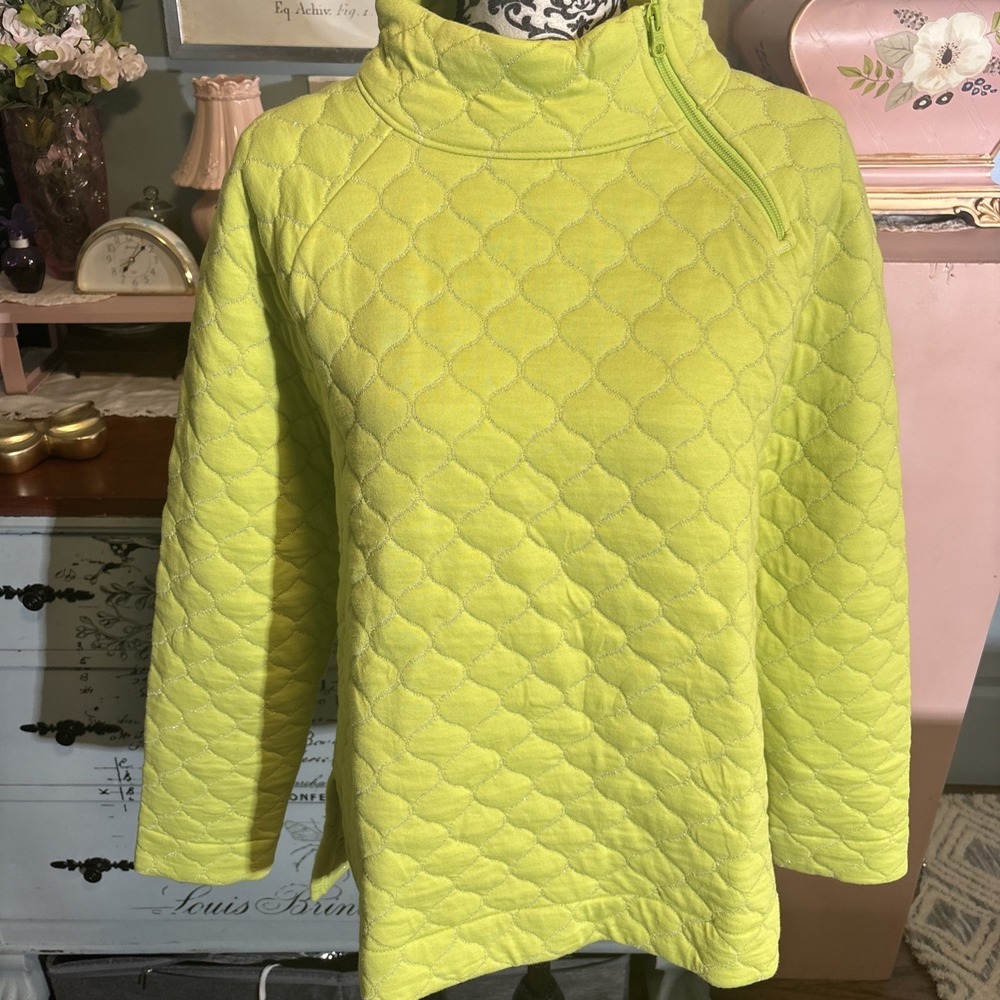 T By Talbots Green Quilted Side 1/4 Zip Pullover Sweatshirt Size L Petite
